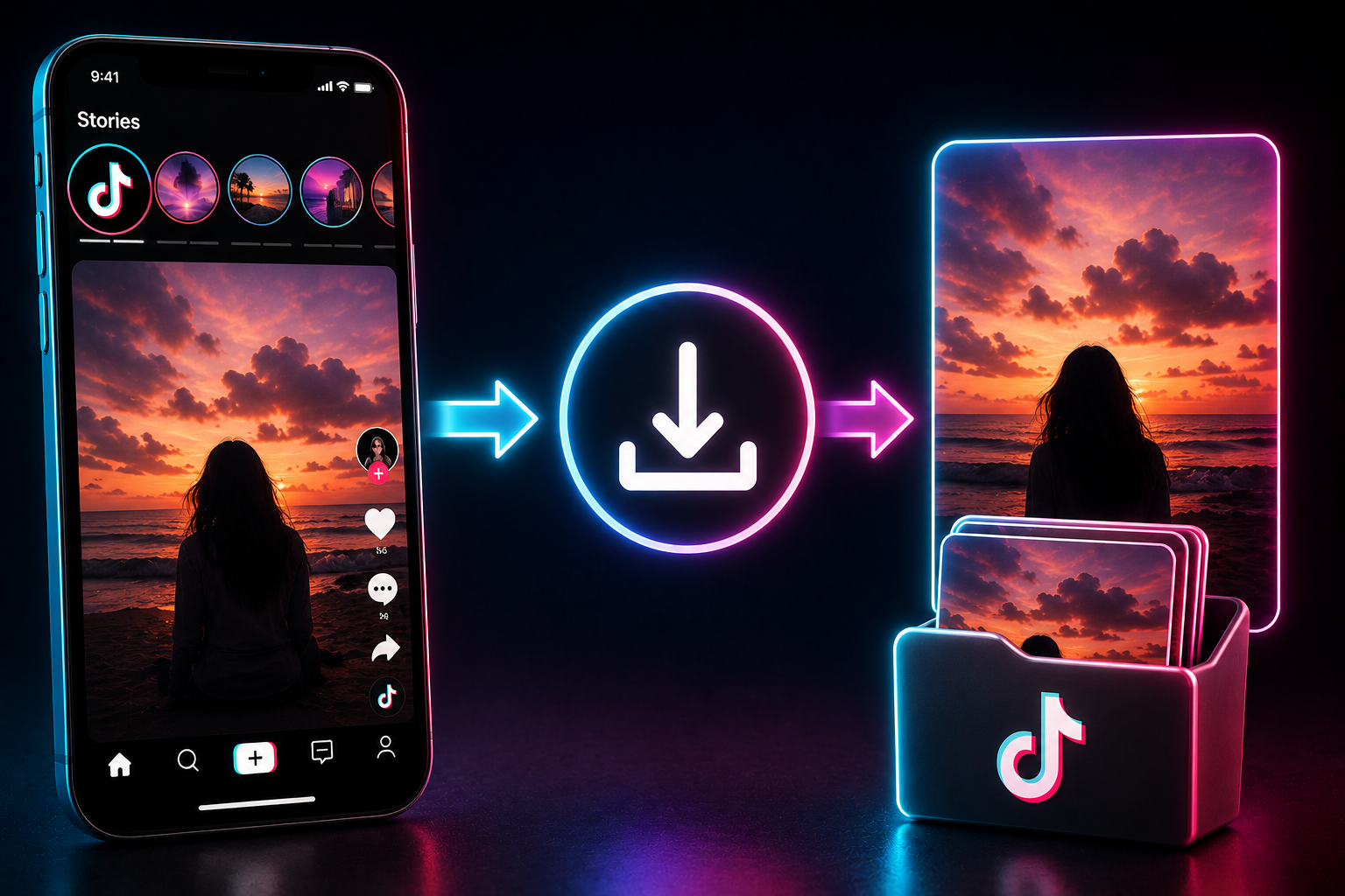 Graphic showing TikTok stories downloading process